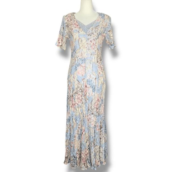 Vintage 90s Crinkle Lace Panels Maxi Dress Medium Pastel Blue Floral Pattern - Picture 1 of 9